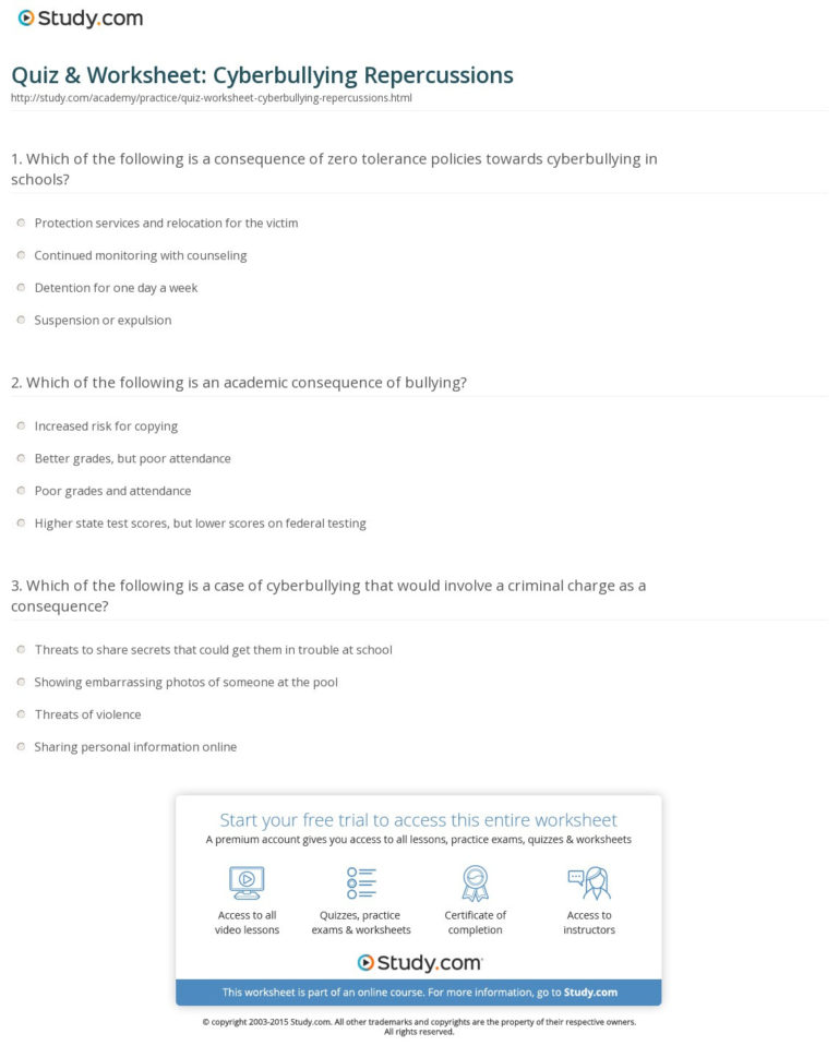 Quiz  Worksheet Cyberbullying Repercussions  Study