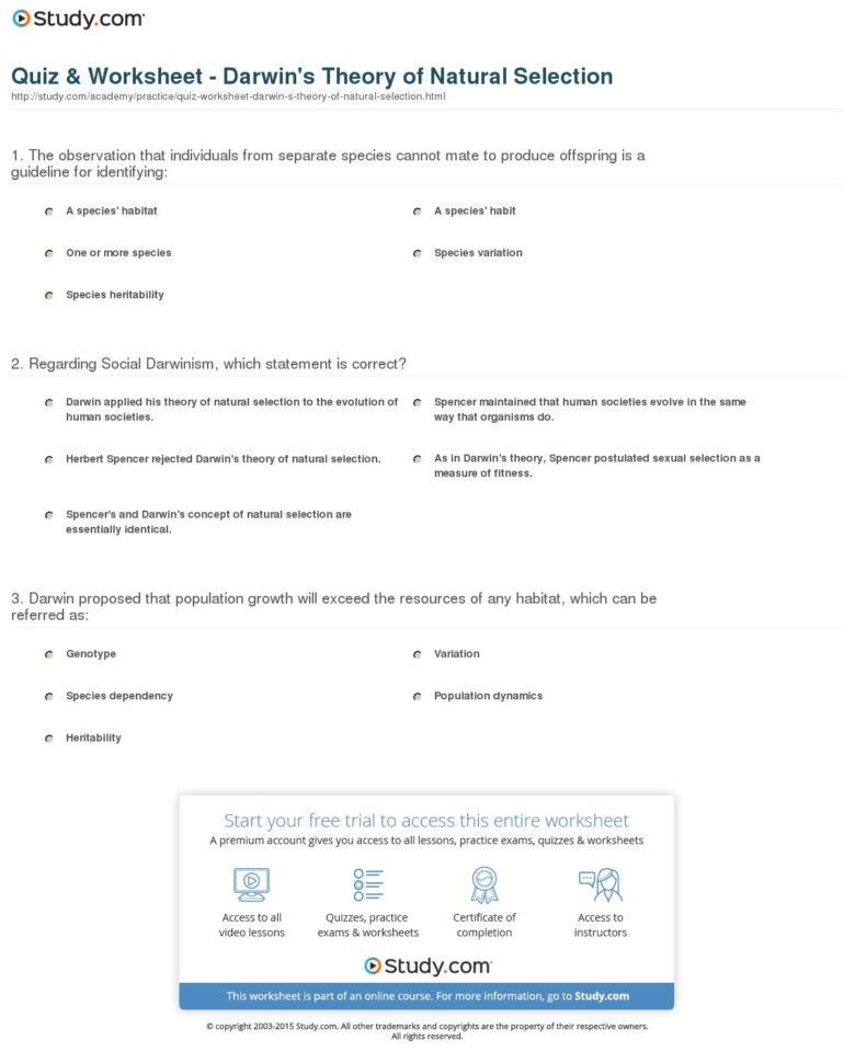 Quiz Worksheet Darwin's Theory Of Natural Selection —