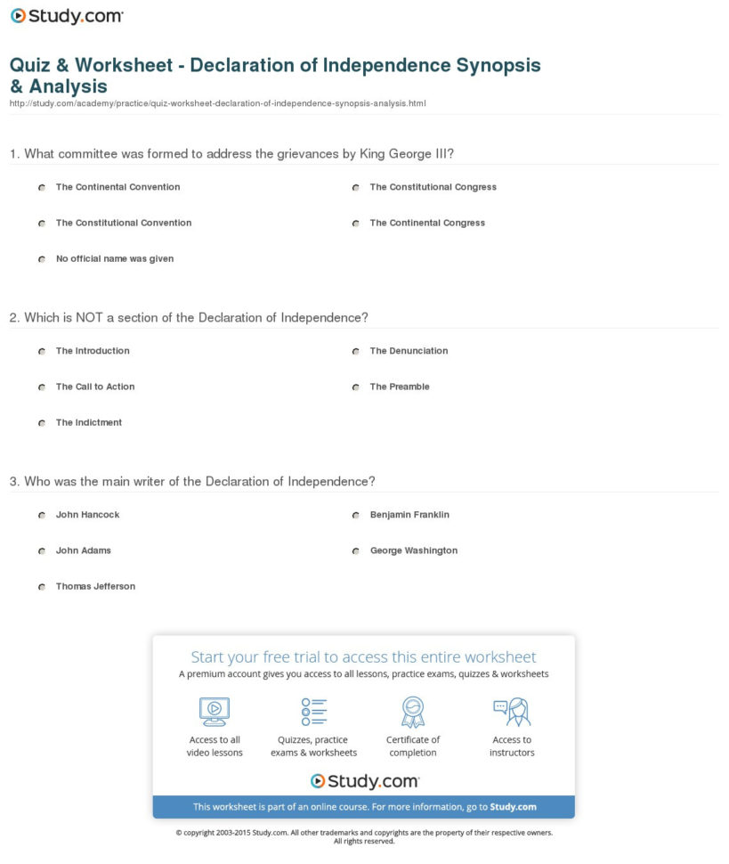 Quiz  Worksheet  Declaration Of Independence Synopsis