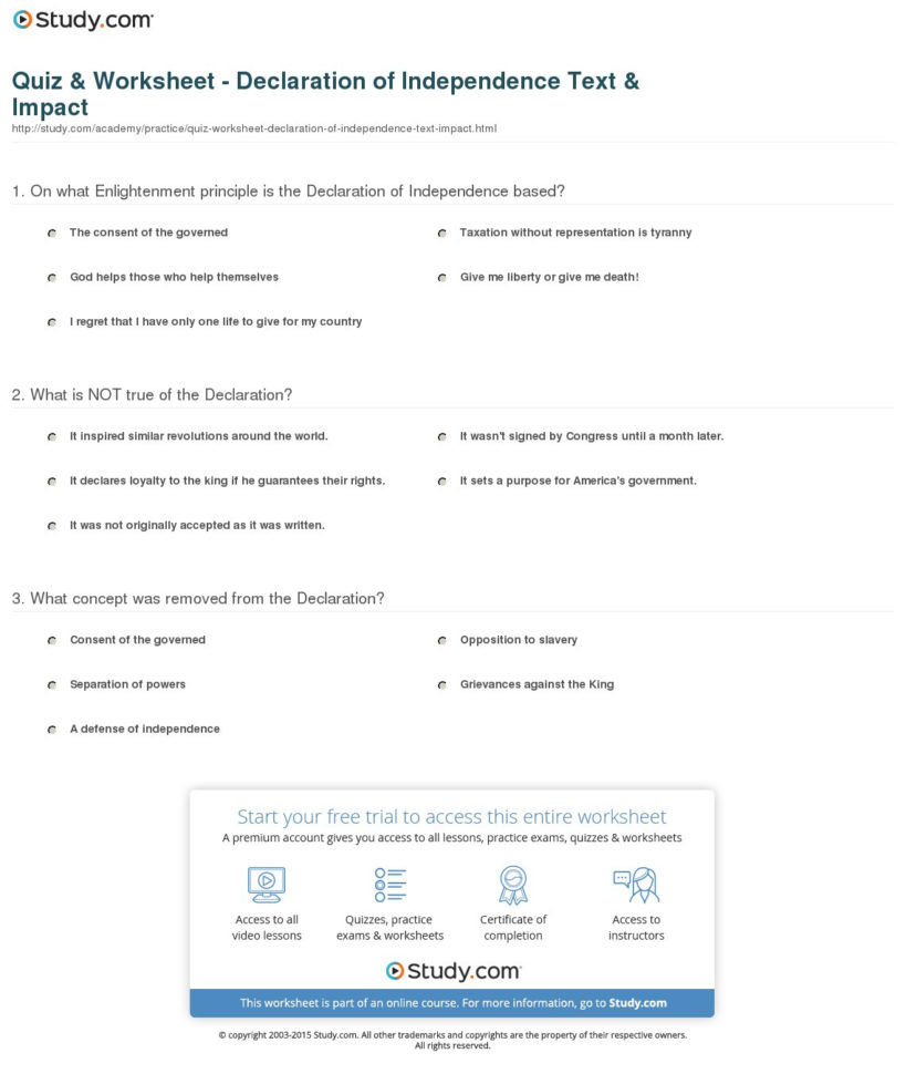 Quiz  Worksheet  Declaration Of Independence Text  Impact