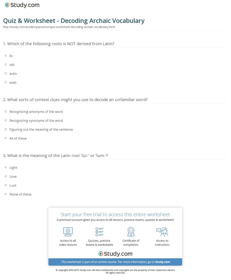 Quiz  Worksheet  Decoding Archaic Vocabulary  Study
