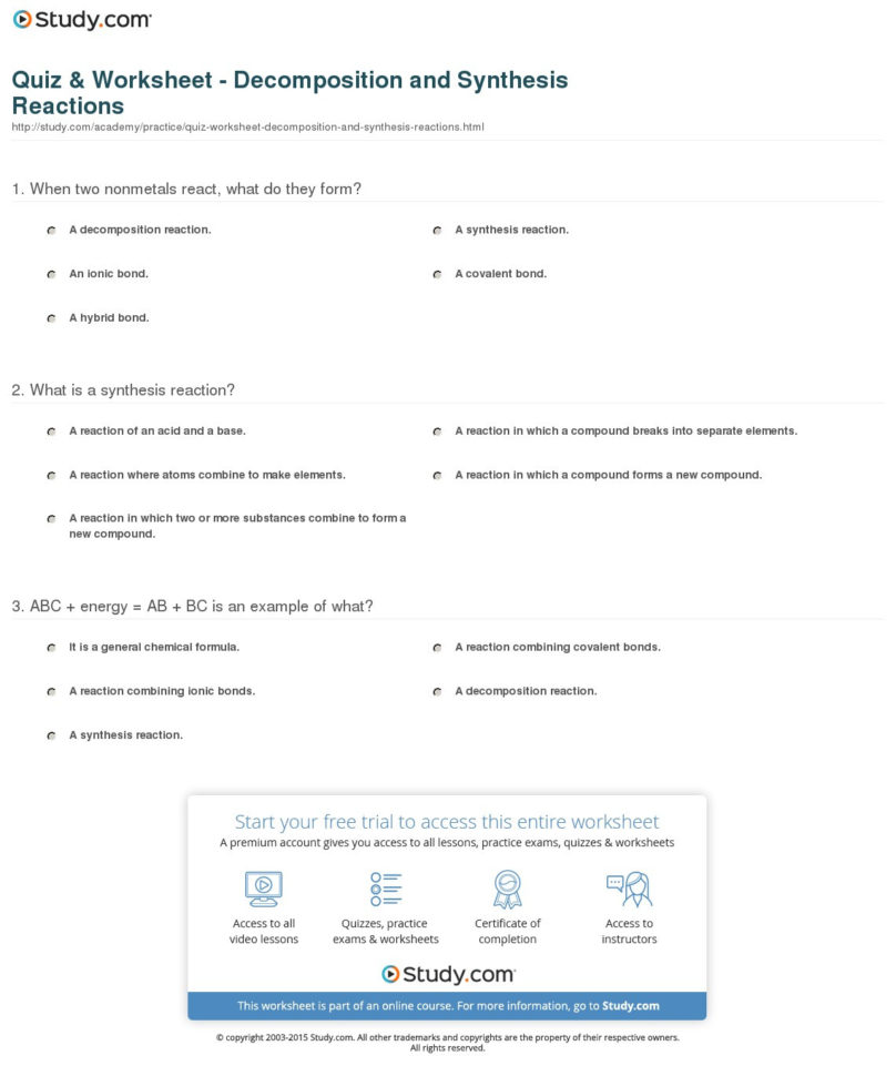 Quiz  Worksheet  Decomposition And Synthesis Reactions  Study