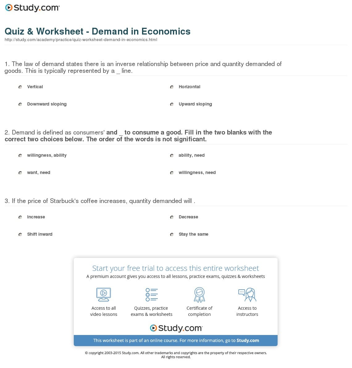 Quiz  Worksheet  Demand In Economics  Study