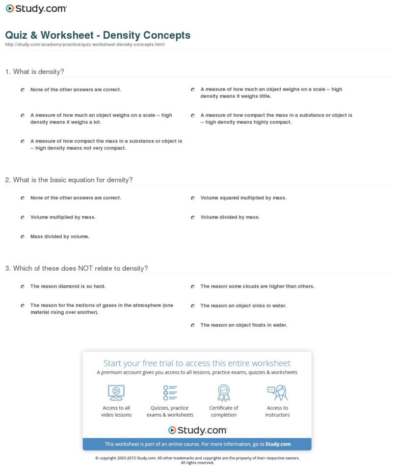 Quiz  Worksheet  Density Concepts  Study