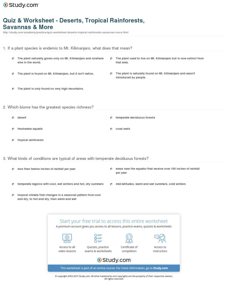 Quiz  Worksheet  Deserts Tropical Rainforests Savannas