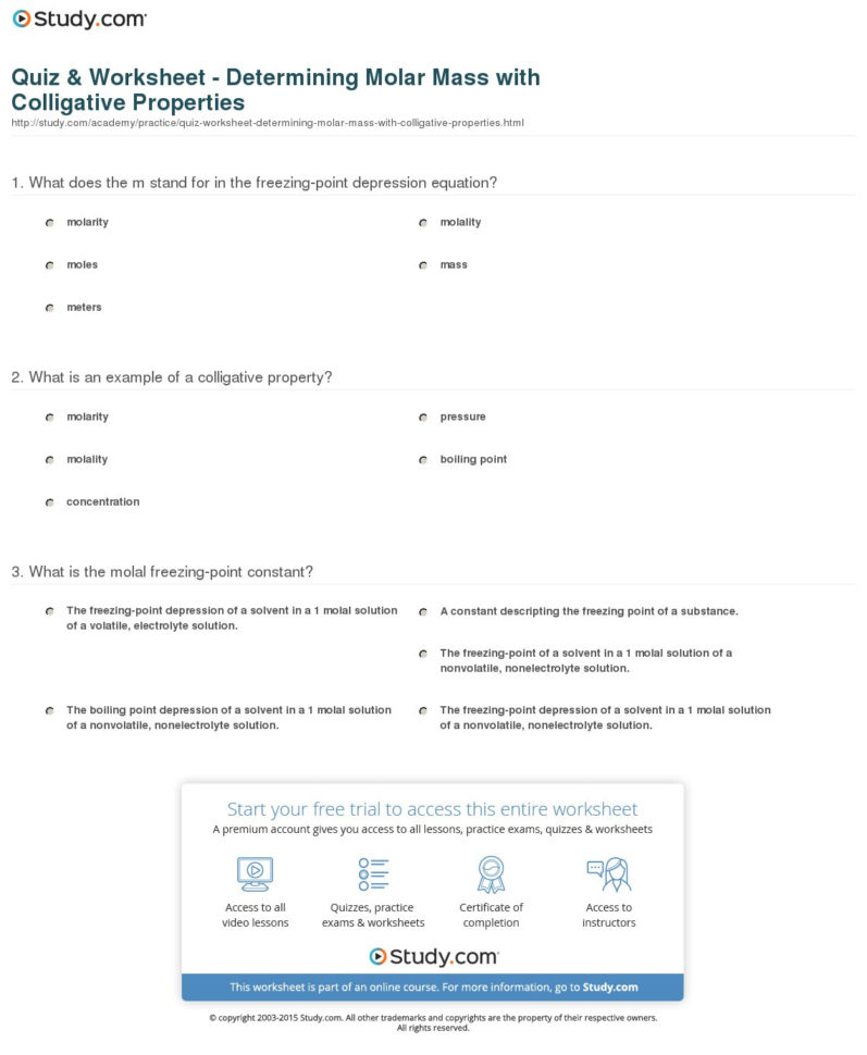 Quiz  Worksheet  Determining Molar Mass With Colligative