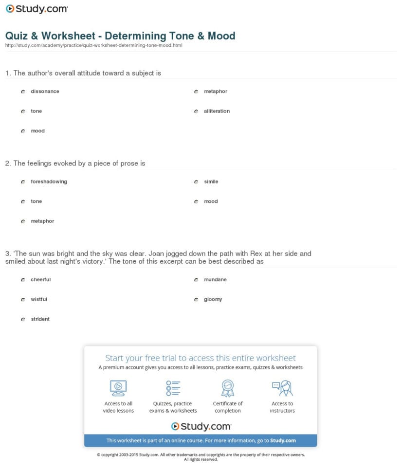 Quiz  Worksheet  Determining Tone  Mood  Study