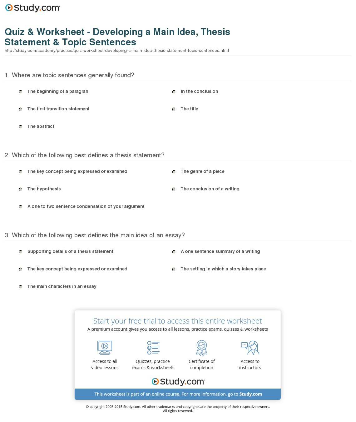 Quiz  Worksheet  Developing A Main Idea Thesis Statement  Topic