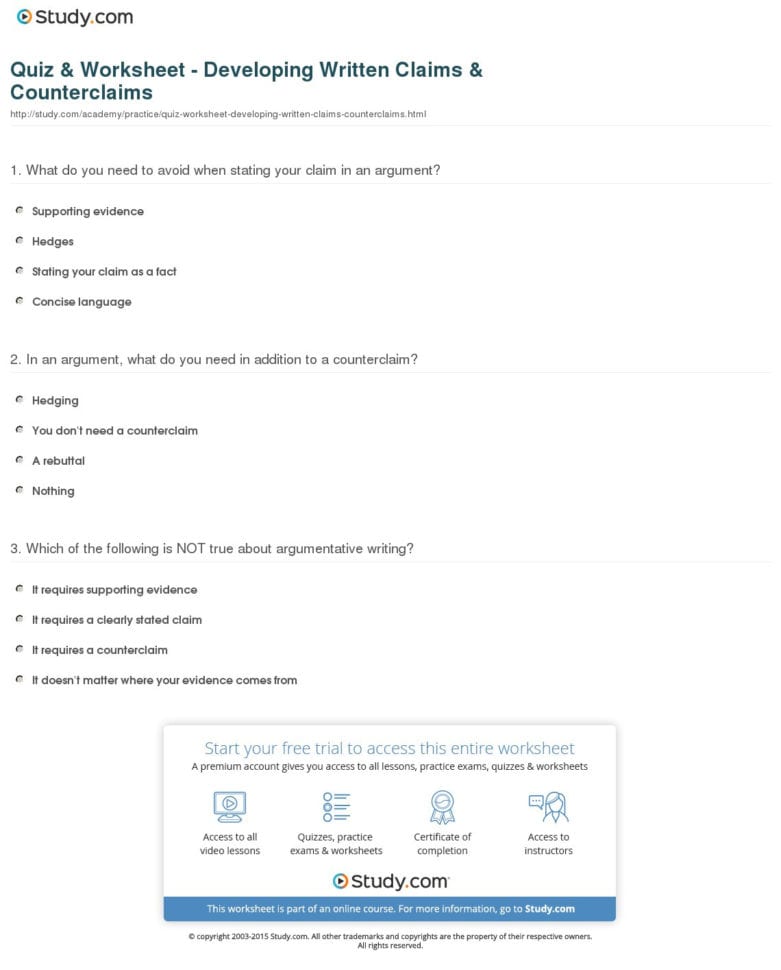 Quiz  Worksheet  Developing Written Claims  Counterclaims