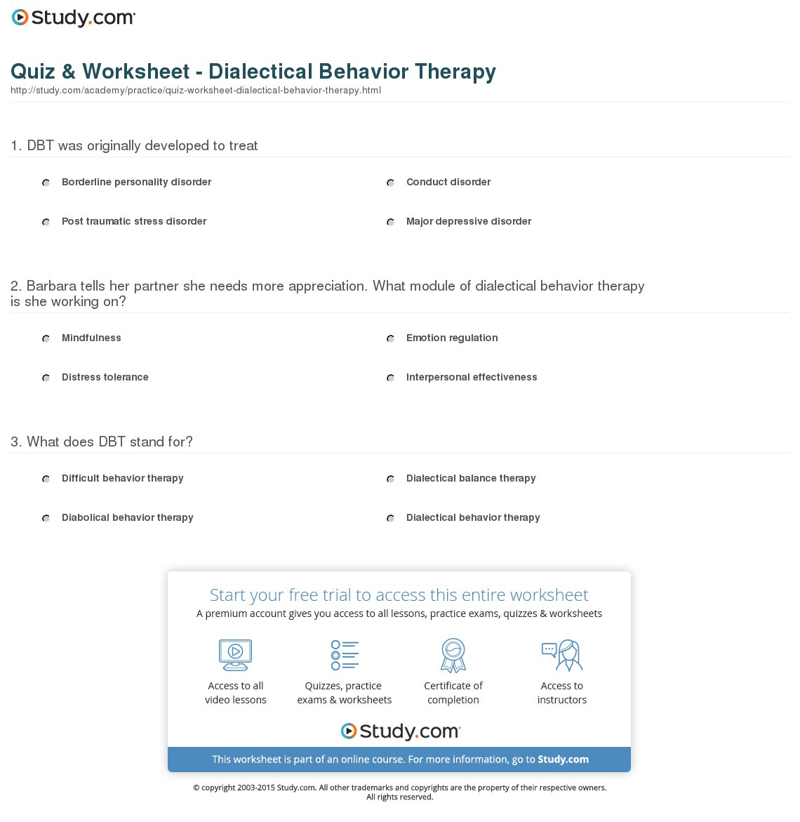Quiz  Worksheet  Dialectical Behavior Therapy  Study