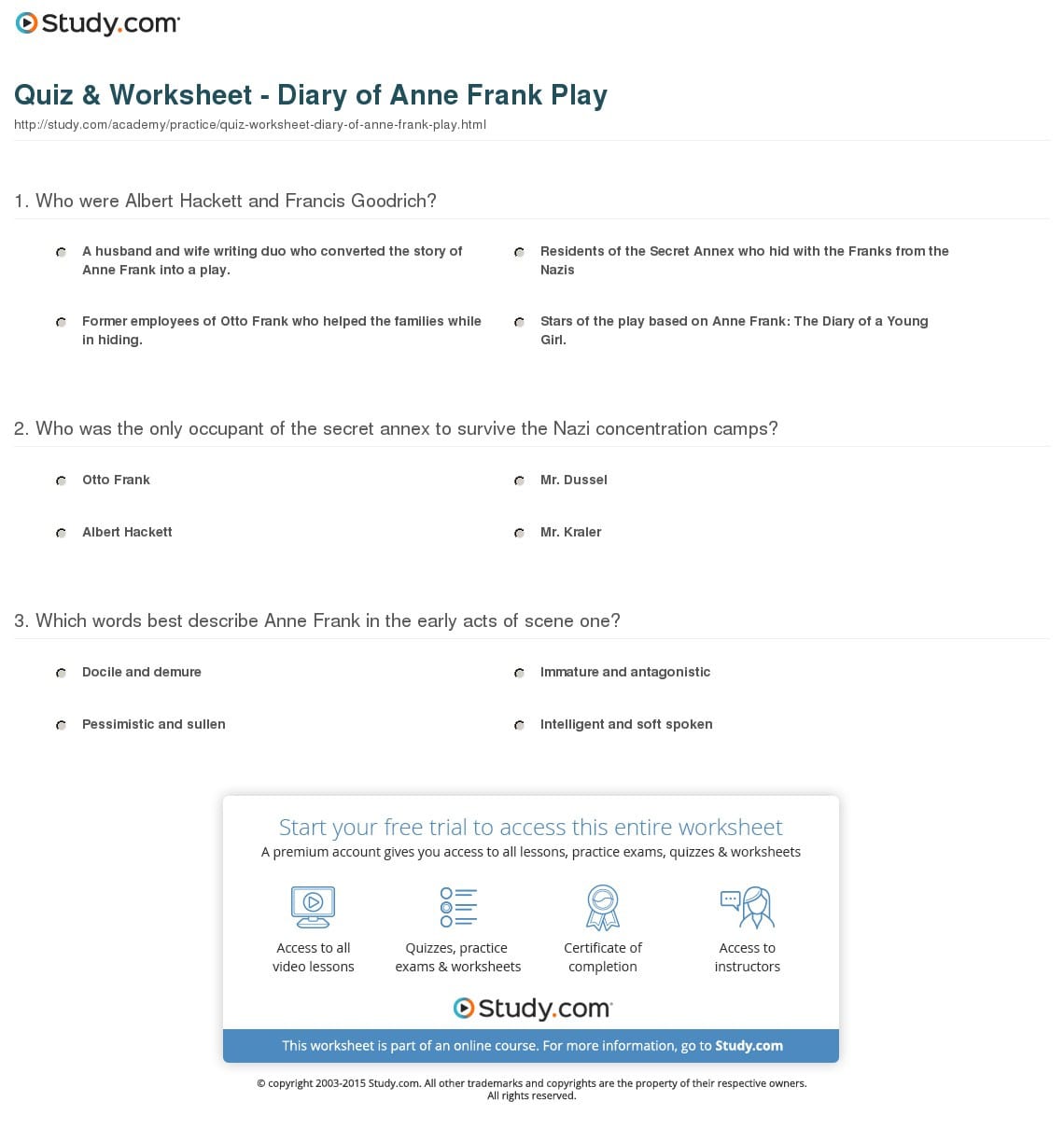 Quiz  Worksheet  Diary Of Anne Frank Play  Study