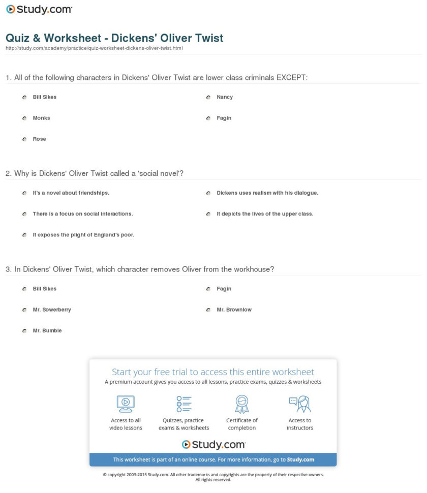 Quiz  Worksheet  Dickens' Oliver Twist  Study