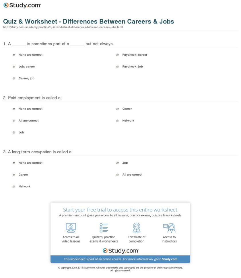 Quiz  Worksheet  Differences Between Careers  Jobs