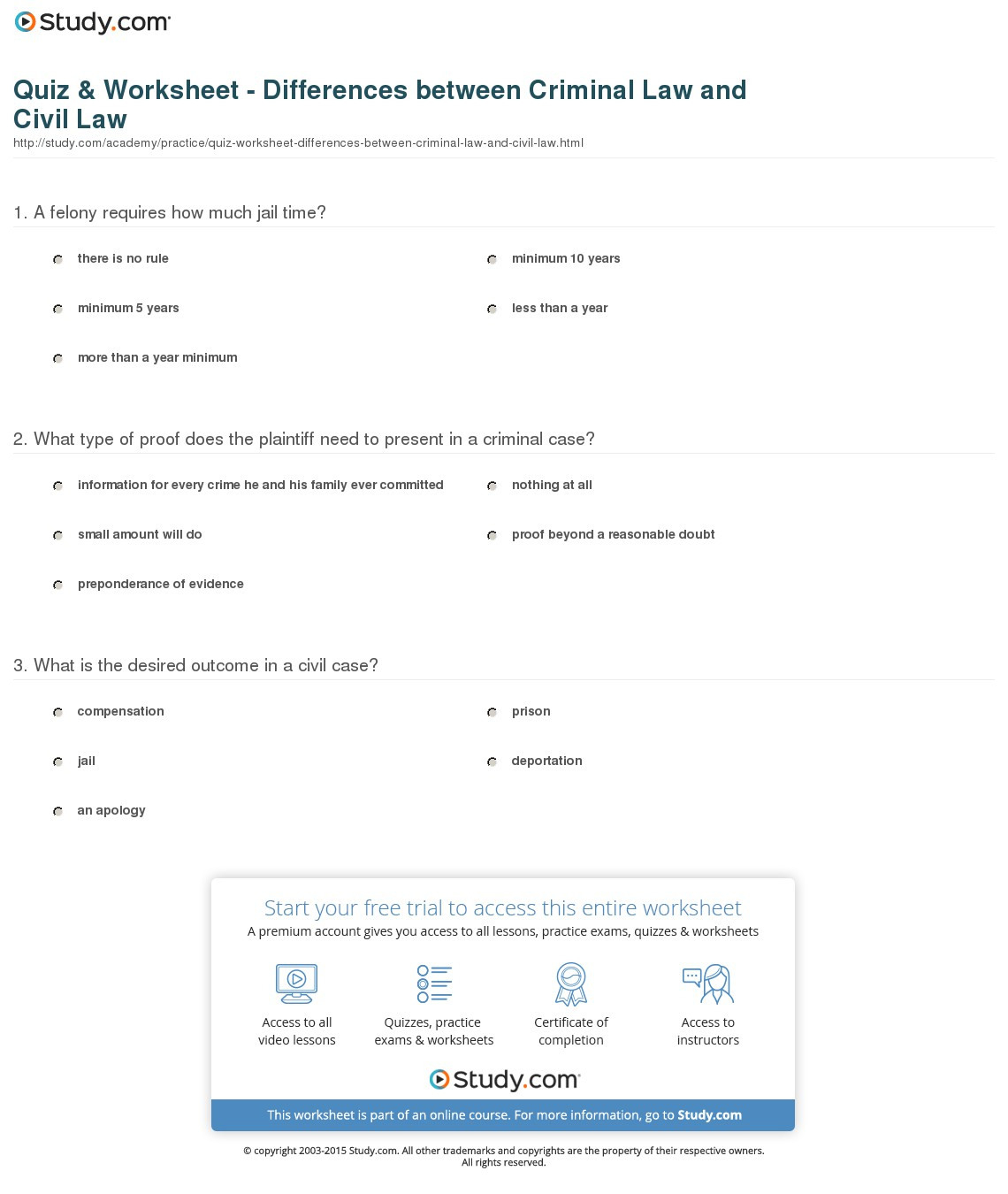 Quiz  Worksheet  Differences Between Criminal Law And Civil Law