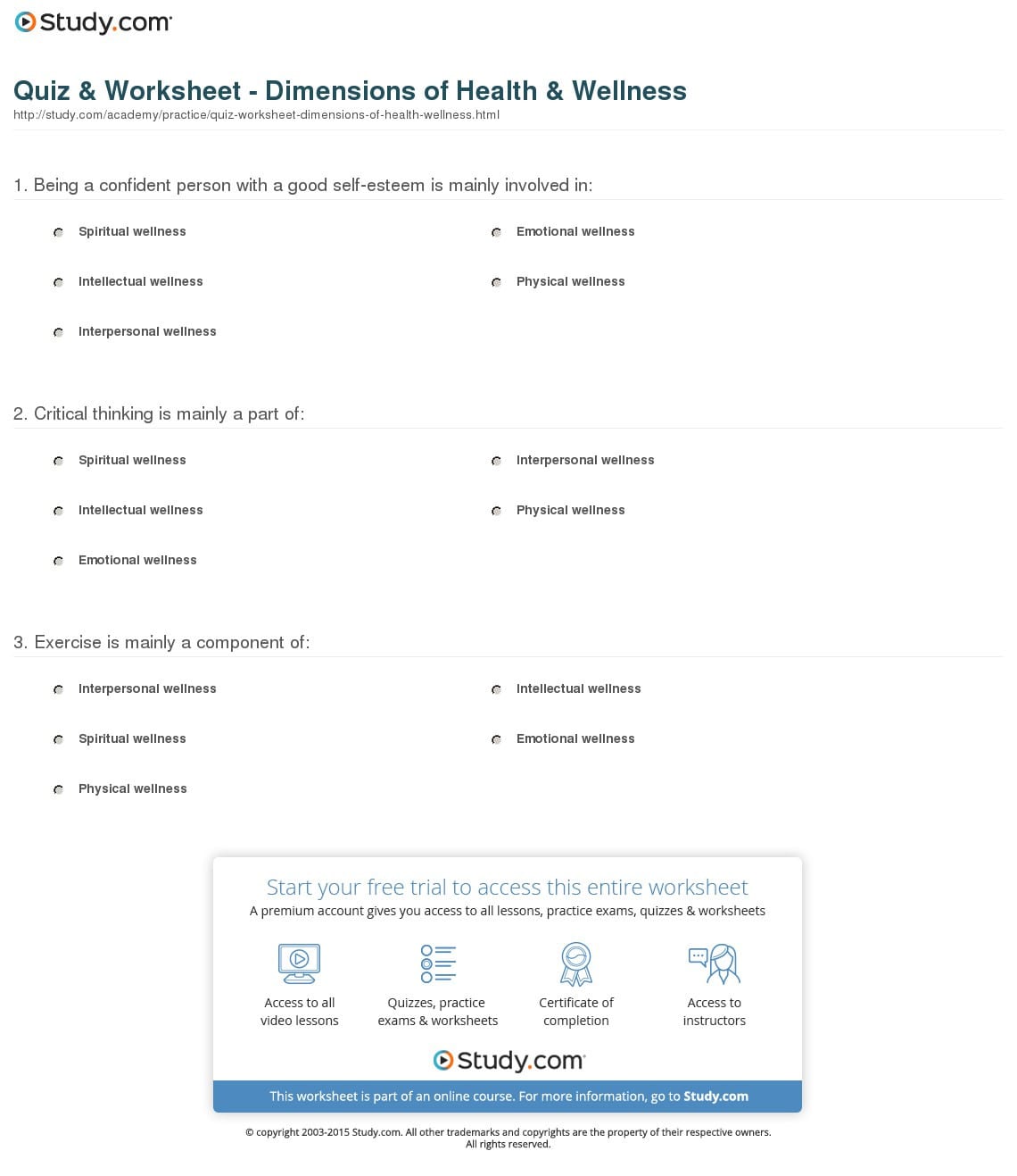 Quiz  Worksheet  Dimensions Of Health  Wellness  Study