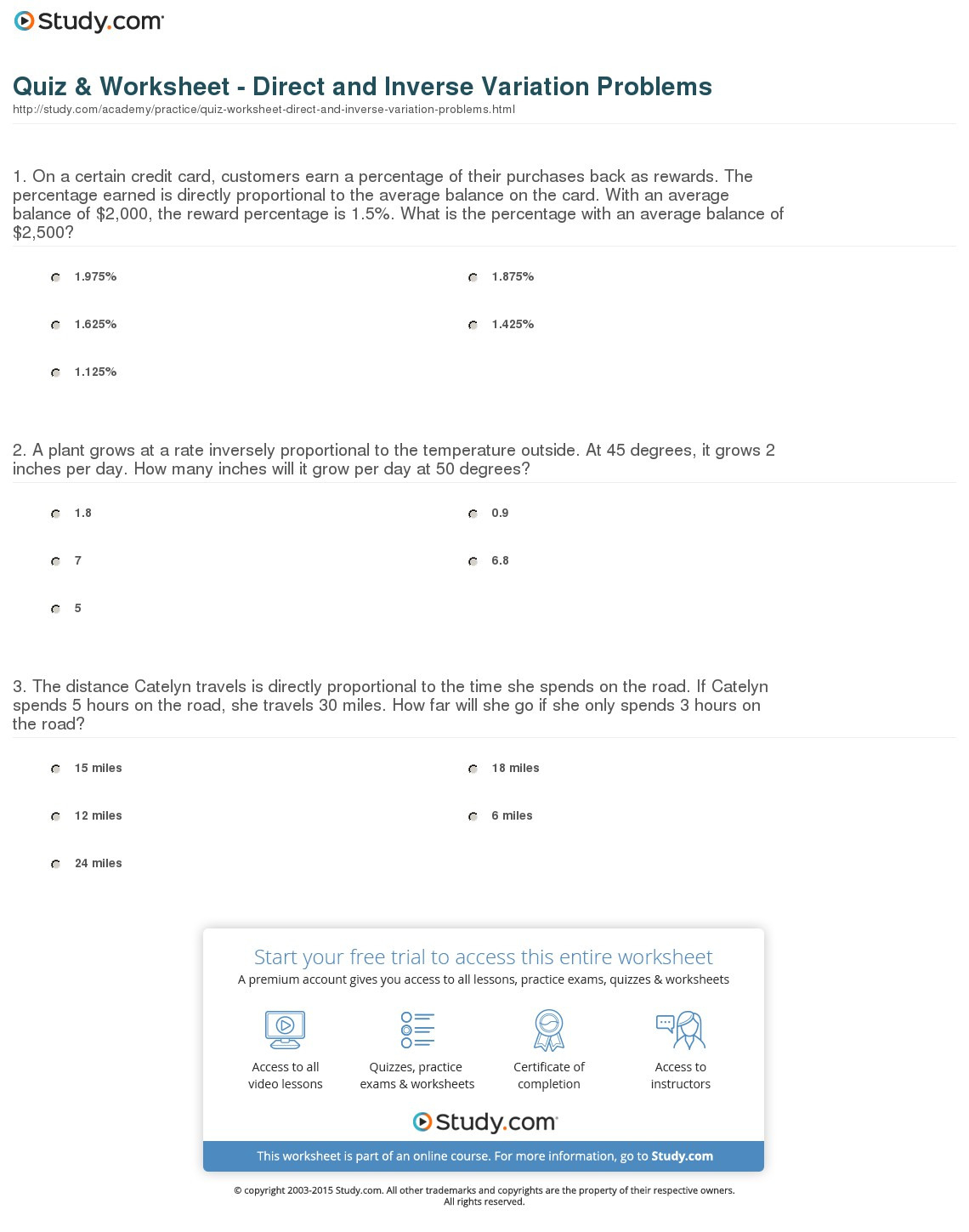 Quiz  Worksheet  Direct And Inverse Variation Problems