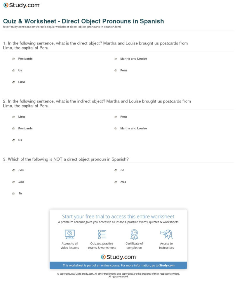Quiz  Worksheet  Direct Object Pronouns In Spanish  Study