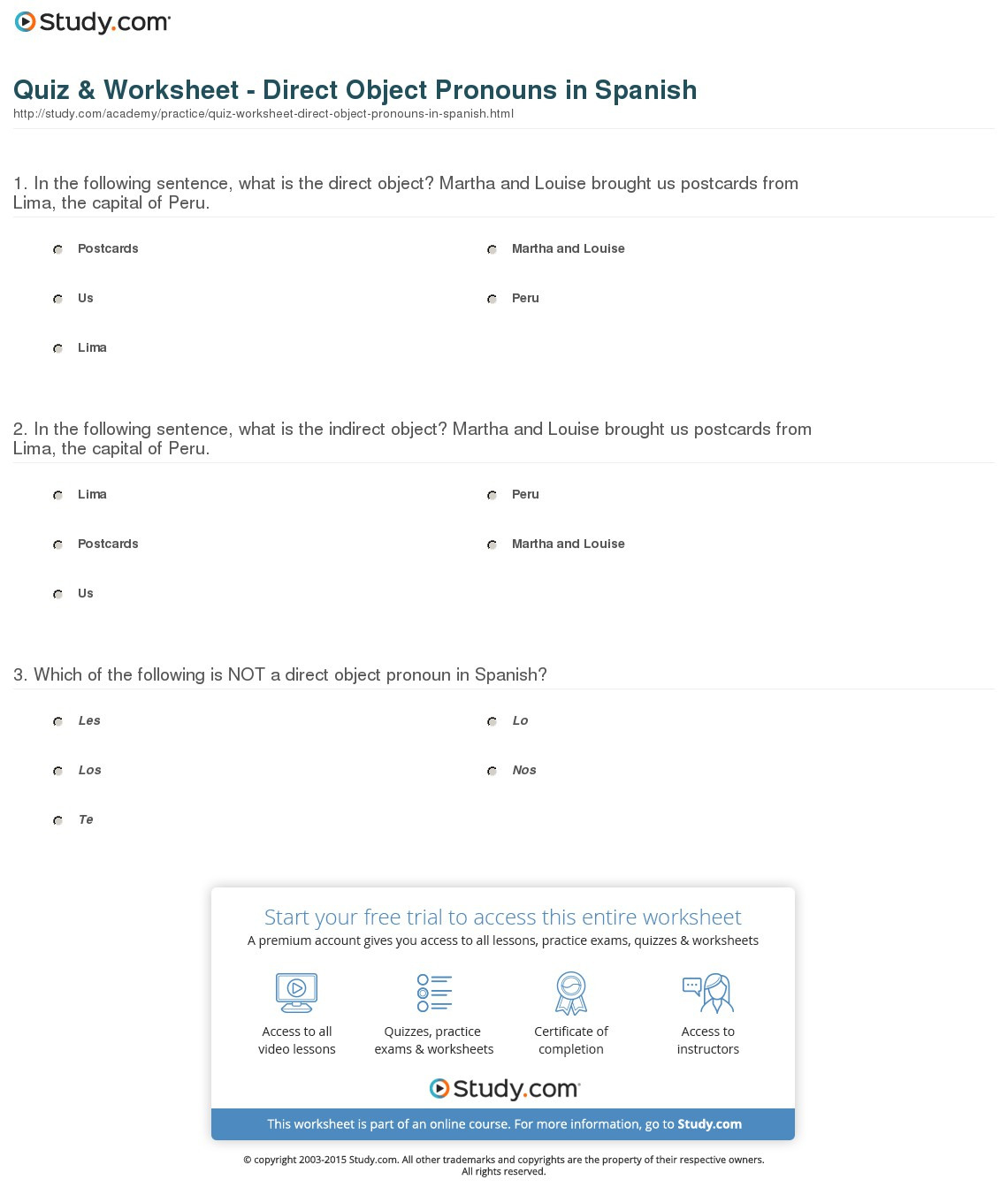 Quiz  Worksheet  Direct Object Pronouns In Spanish  Study