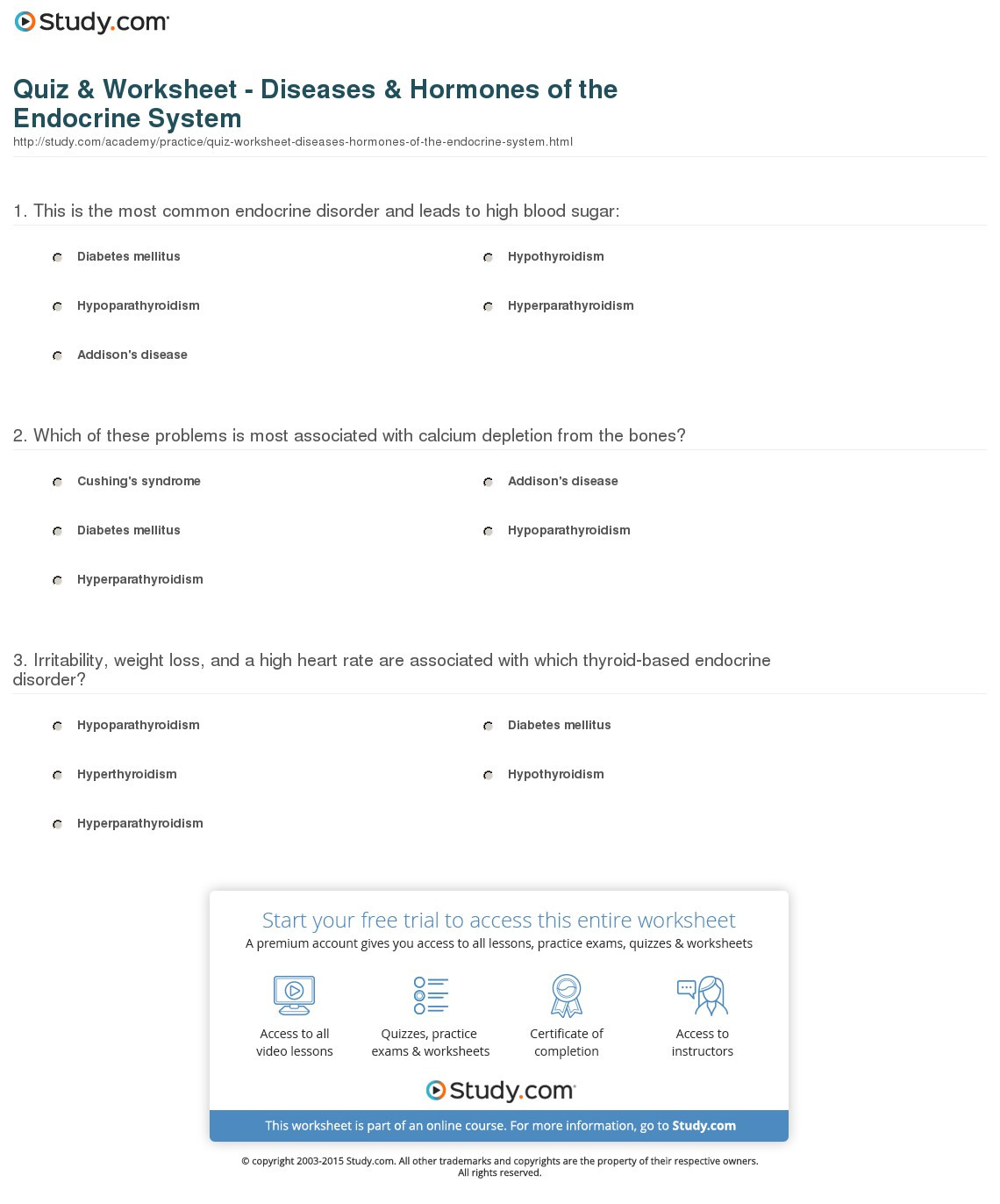 Quiz  Worksheet  Diseases  Hormones Of The Endocrine