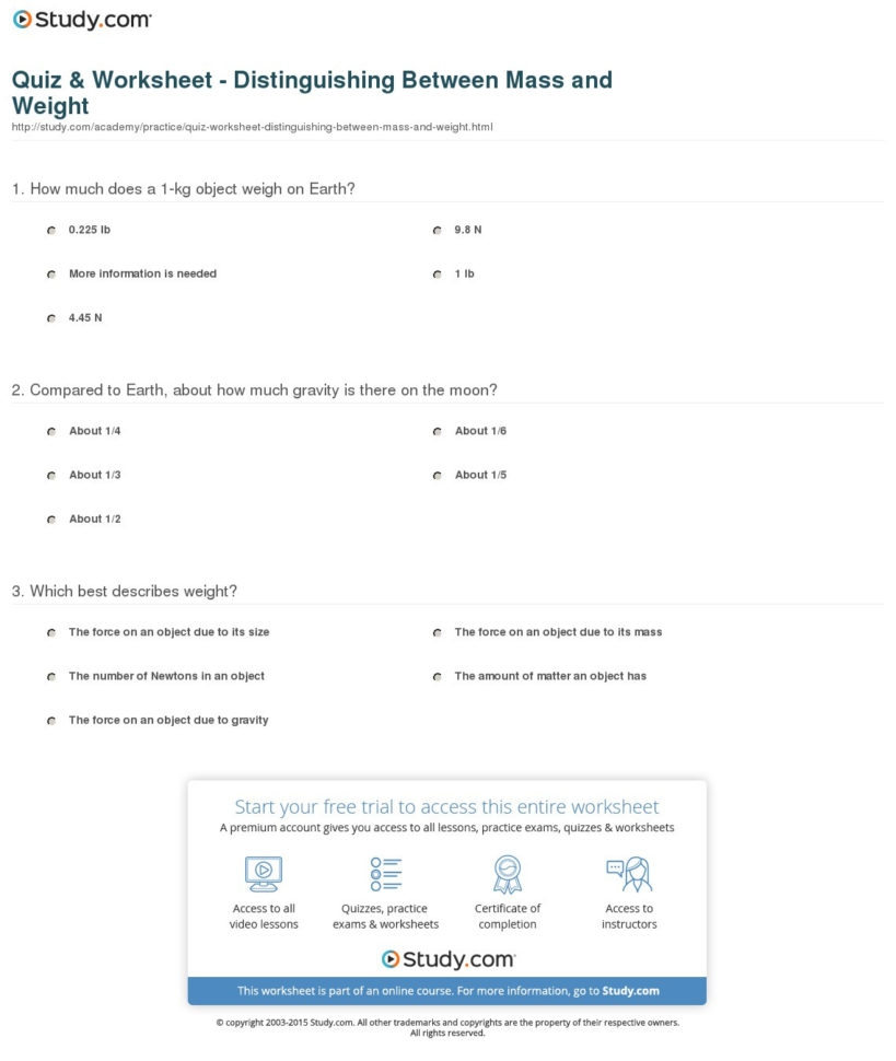Quiz  Worksheet  Distinguishing Between Mass And Weight Quiz  Worksheet  Distinguishing Between Mass And Weight