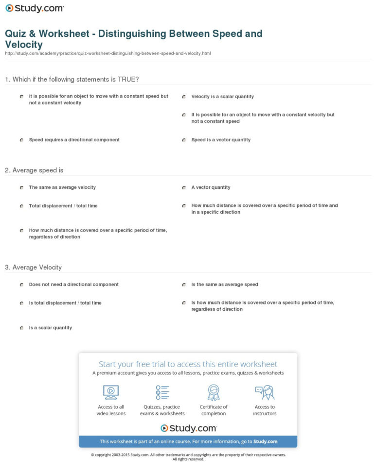Quiz  Worksheet  Distinguishing Between Speed And Velocity  Study