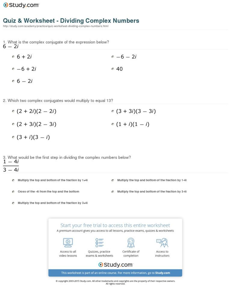 Quiz Worksheet Dividing Complex Numbers Study Db excel