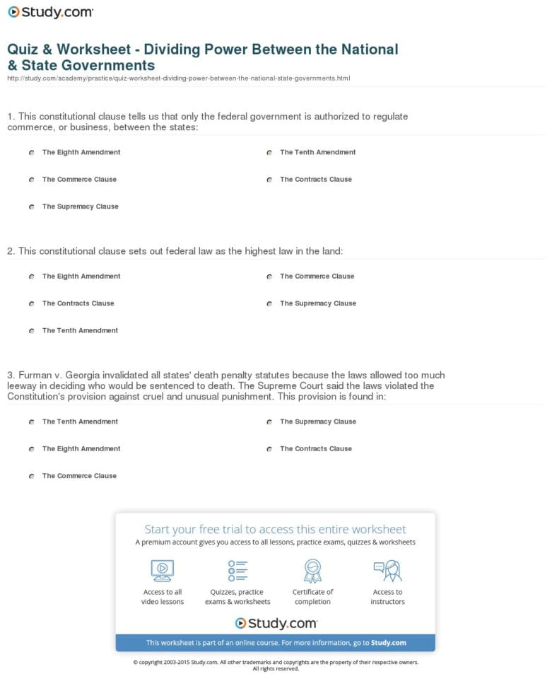 Quiz  Worksheet  Dividing Power Between The National