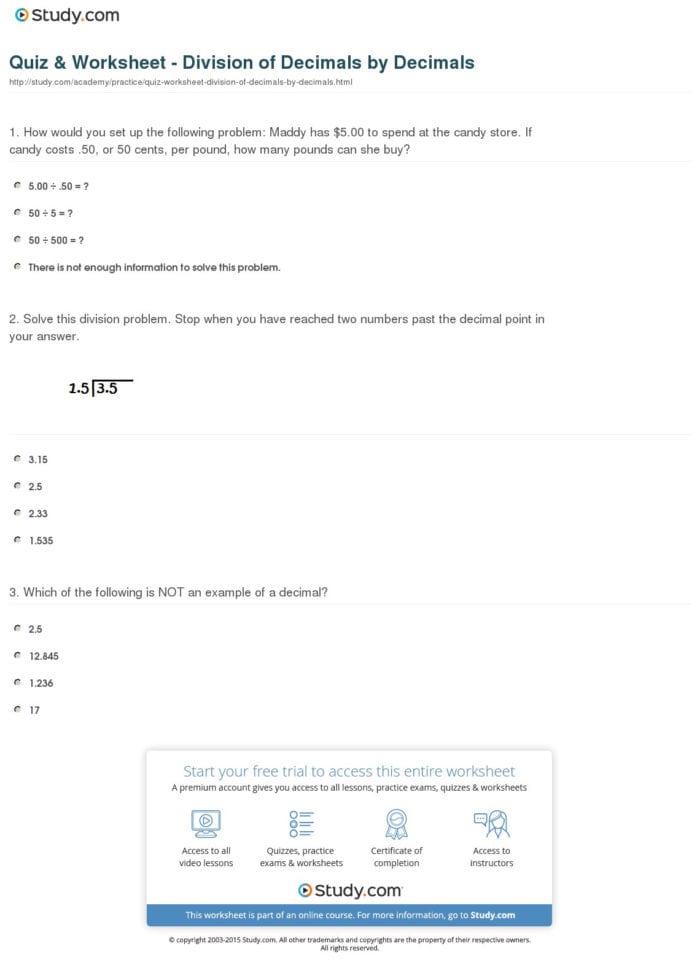 Quiz  Worksheet  Division Of Decimalsdecimals  Study