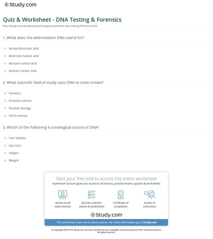 Quiz  Worksheet  Dna Testing  Forensics  Study