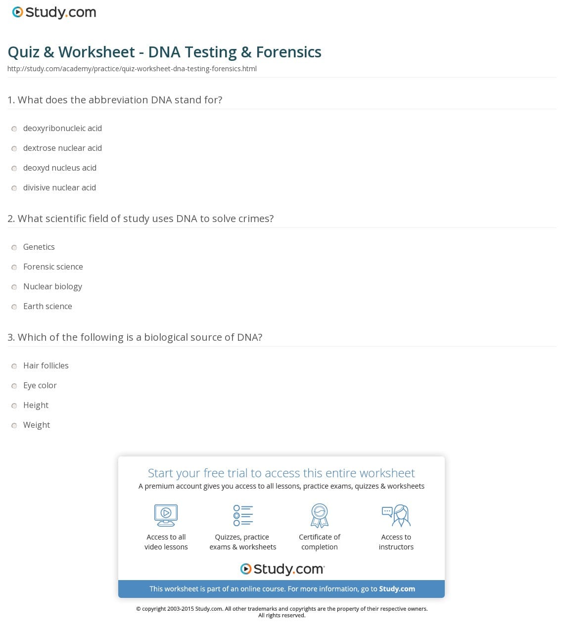 Quiz  Worksheet  Dna Testing  Forensics  Study
