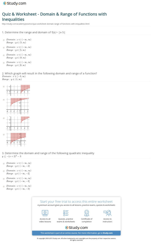Quiz  Worksheet  Domain  Range Of Functions With