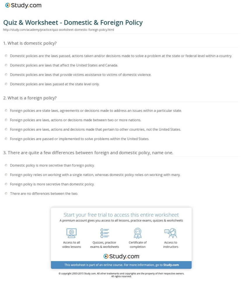 Quiz  Worksheet  Domestic  Foreign Policy  Study