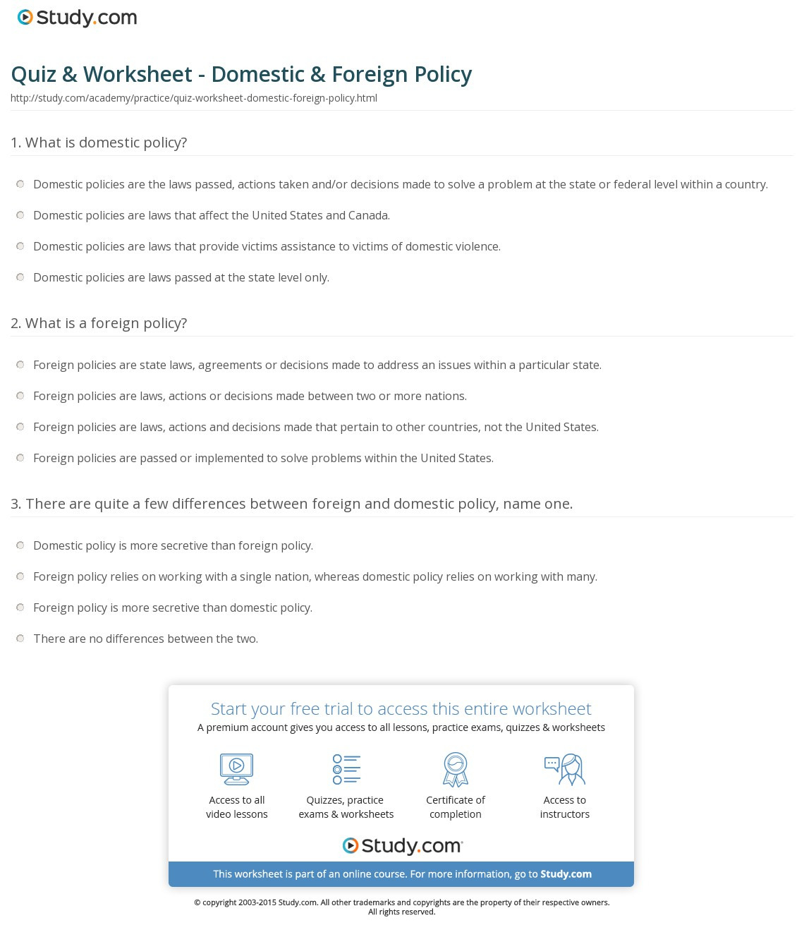 Quiz  Worksheet  Domestic  Foreign Policy  Study