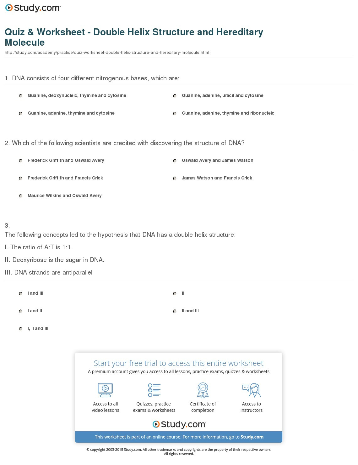 Quiz  Worksheet  Double Helix Structure And Hereditary