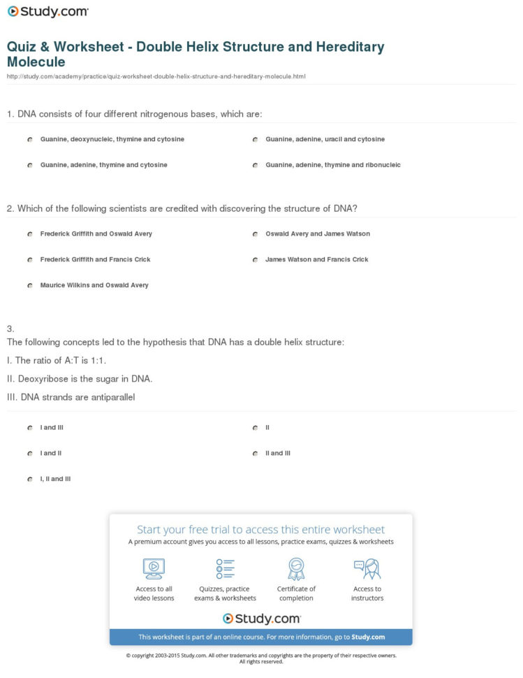 Quiz  Worksheet  Double Helix Structure And Hereditary