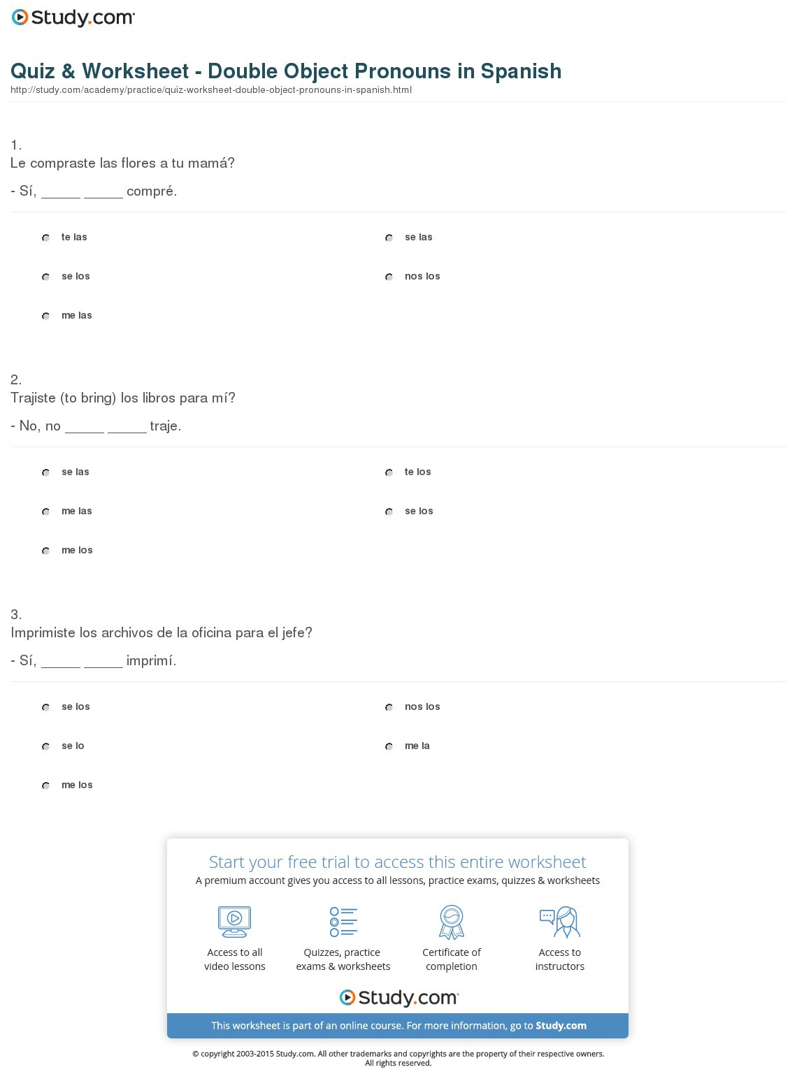 Quiz  Worksheet  Double Object Pronouns In Spanish  Study