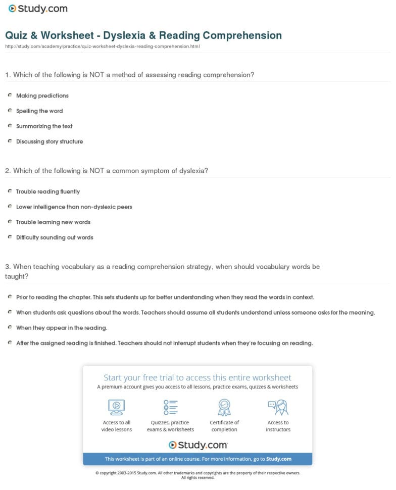 Quiz  Worksheet  Dyslexia  Reading Comprehension  Study