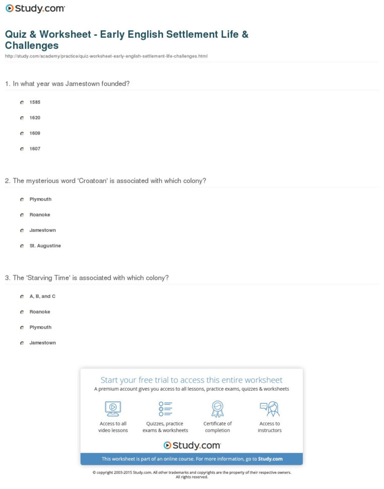 Quiz  Worksheet  Early English Settlement Life