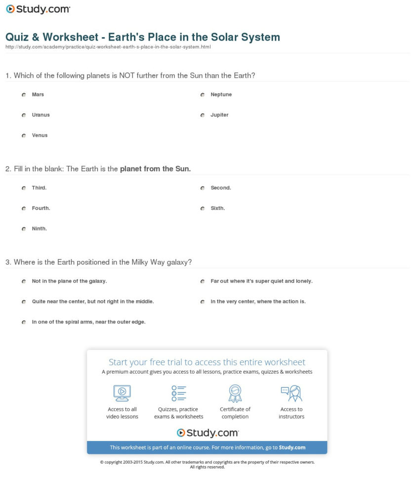 Quiz  Worksheet  Earth's Place In The Solar System  Study