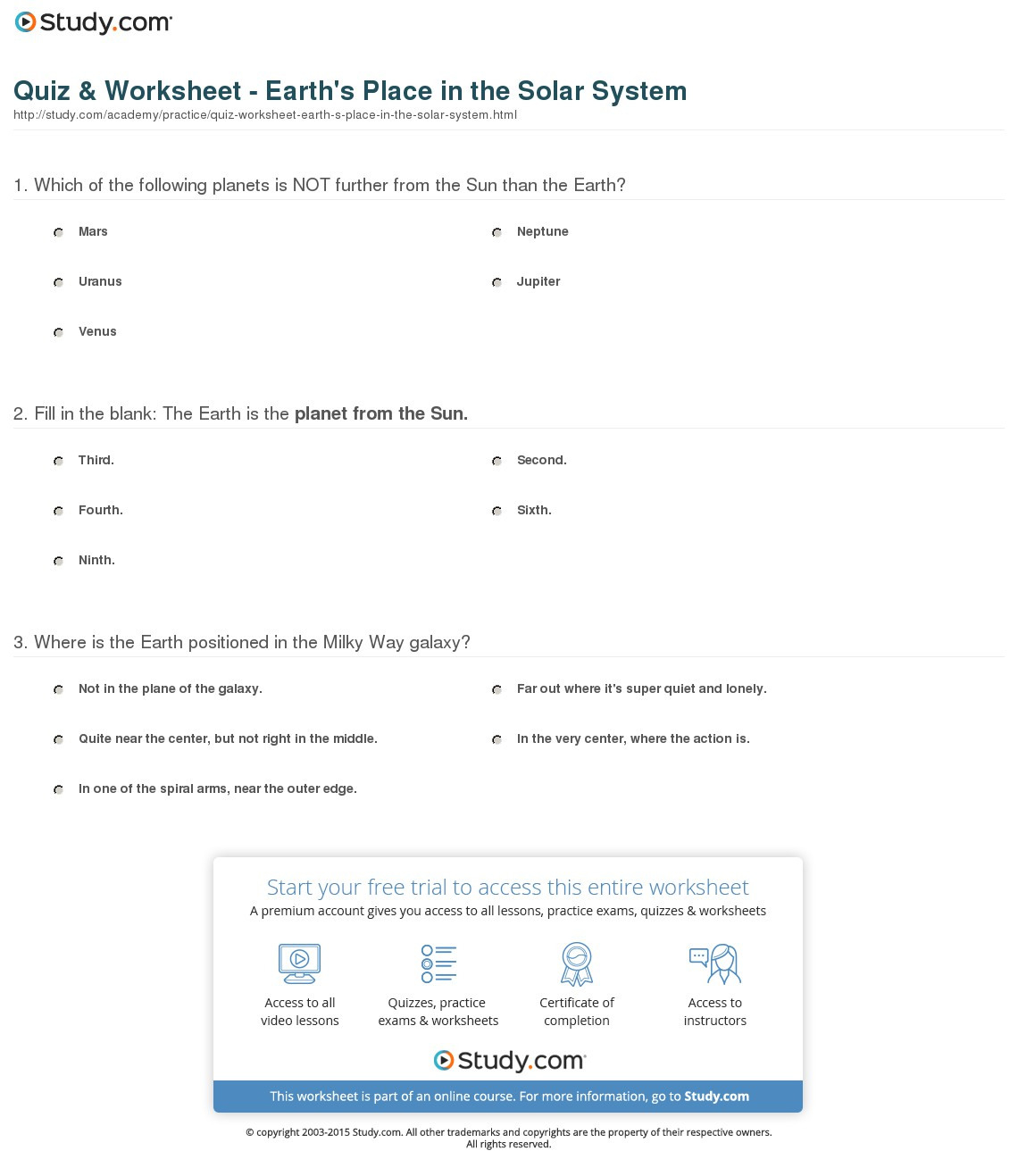 Quiz  Worksheet  Earth's Place In The Solar System  Study