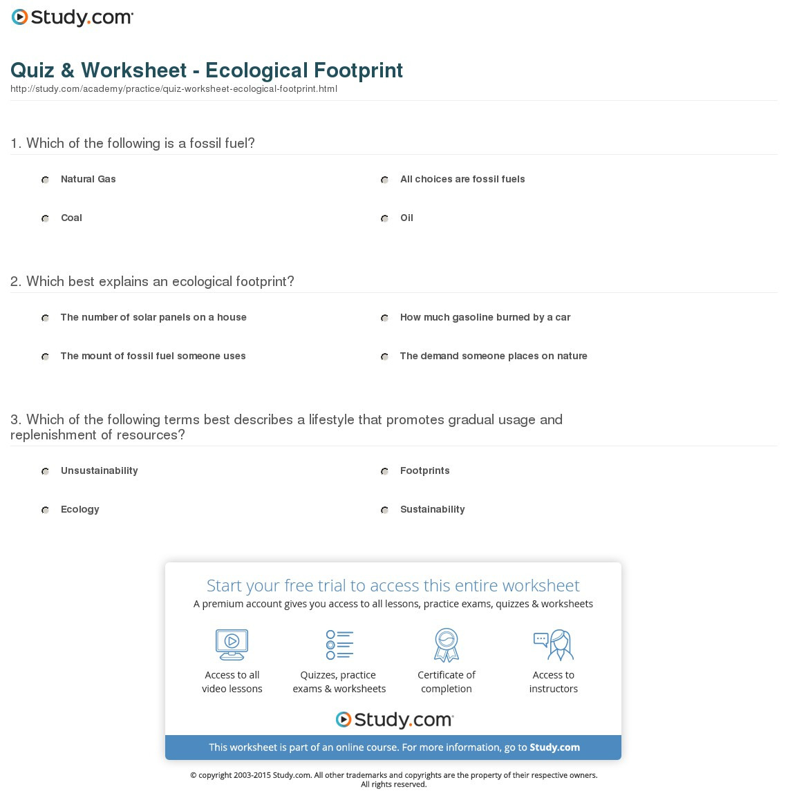 Quiz  Worksheet  Ecological Footprint  Study