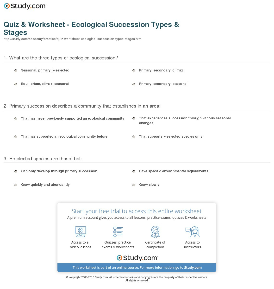Quiz  Worksheet  Ecological Succession Types  Stages