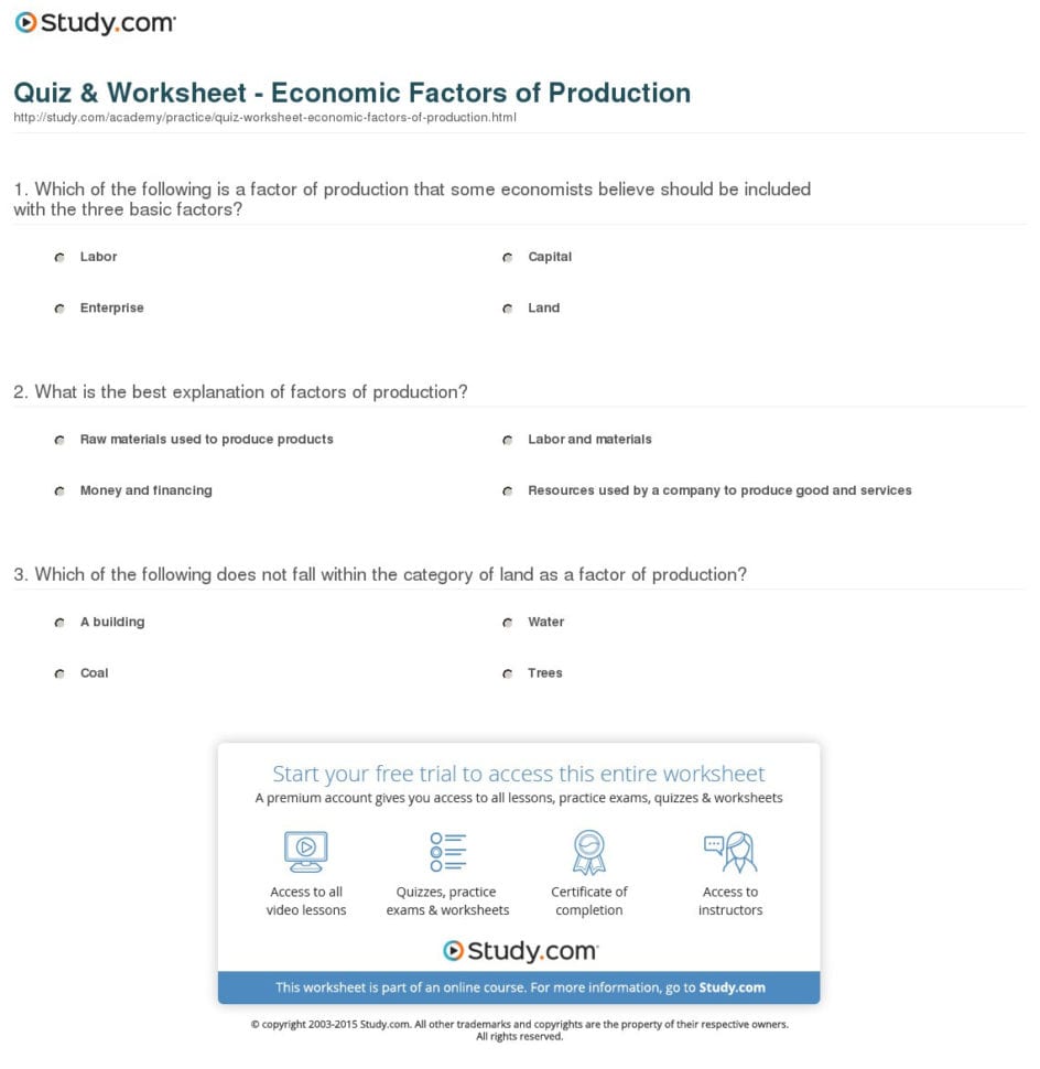 Quiz  Worksheet  Economic Factors Of Production  Study