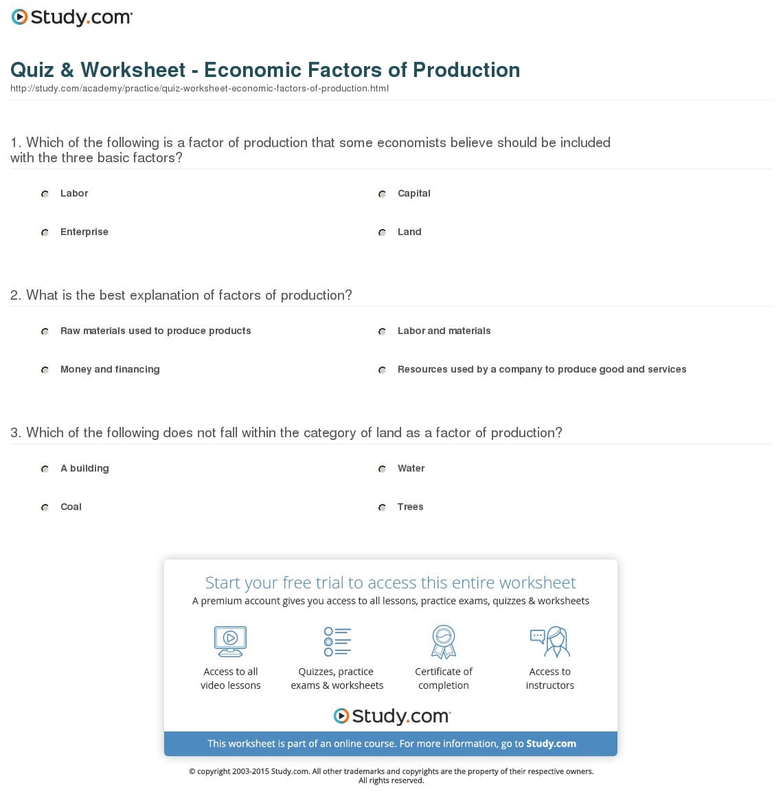 Quiz  Worksheet  Economic Factors Of Production  Study