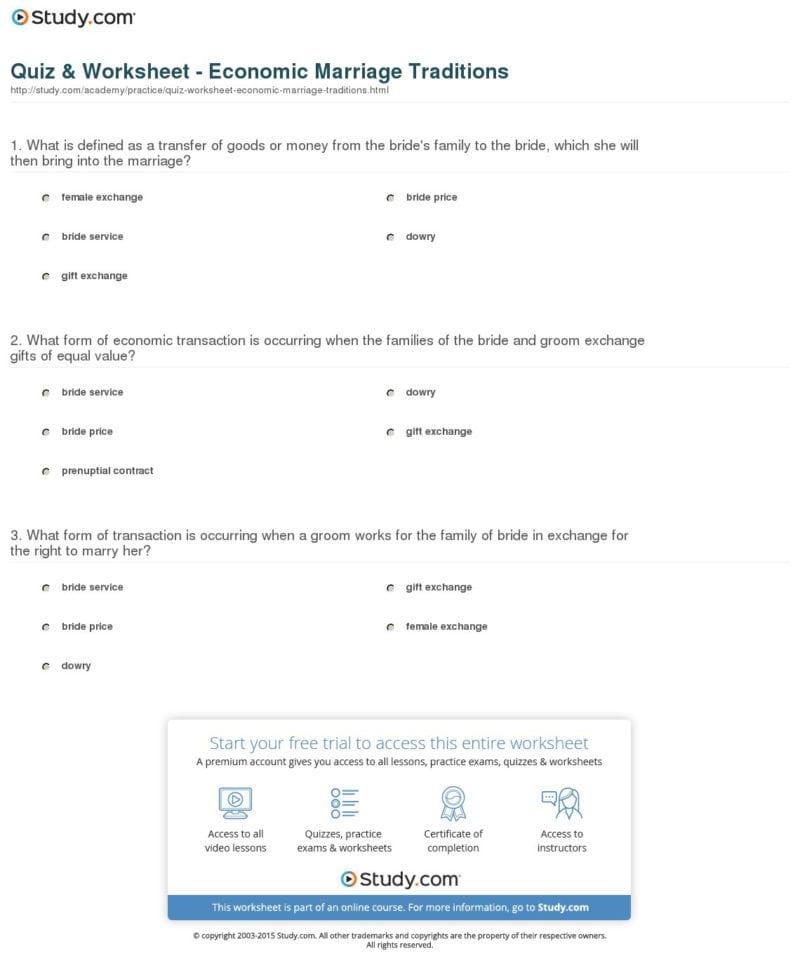 Quiz  Worksheet  Economic Marriage Traditions  Study