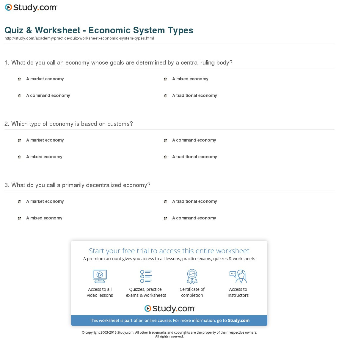 Quiz  Worksheet  Economic System Types  Study