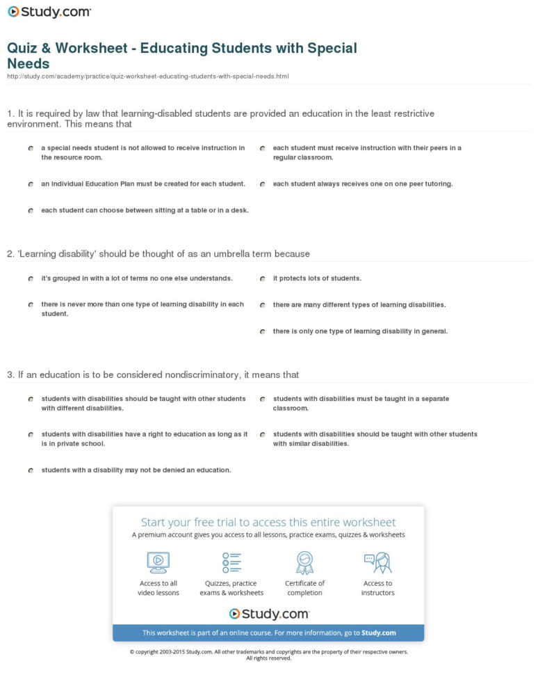 Quiz  Worksheet  Educating Students With Special Needs