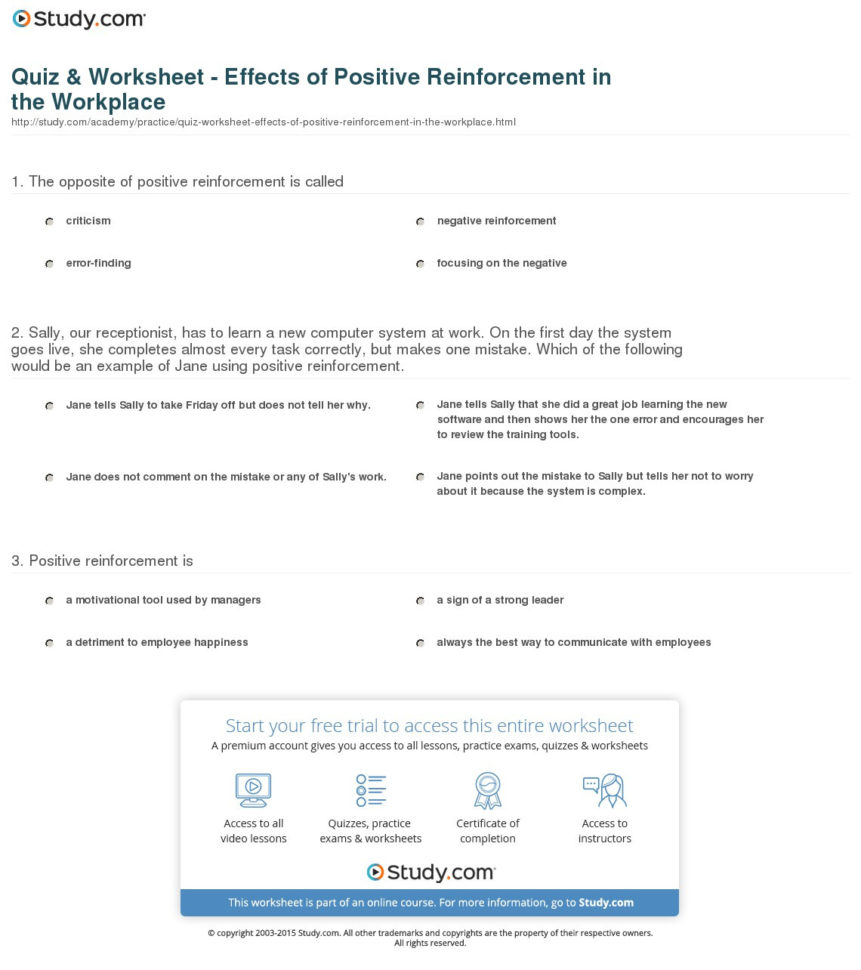 Quiz  Worksheet  Effects Of Positive Reinforcement In The