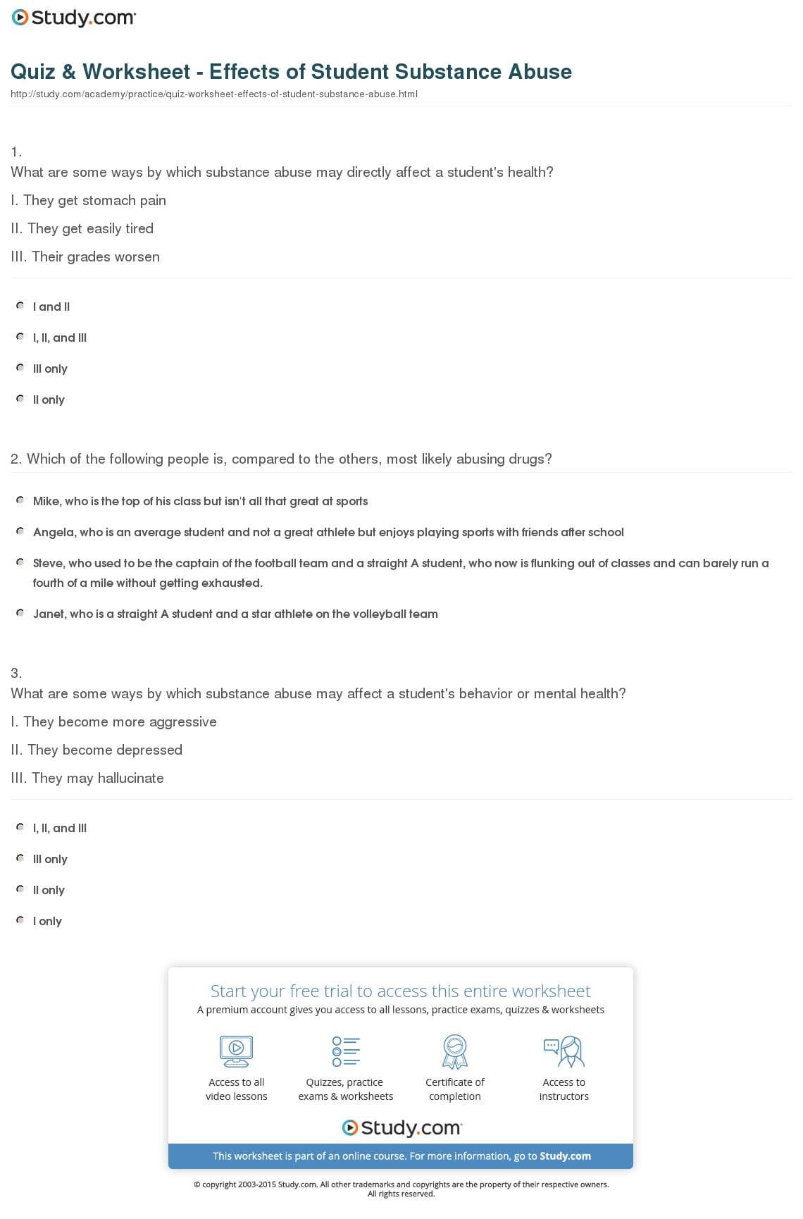 Quiz Worksheet Effects Of Student Substance Abuse — db-excel.com