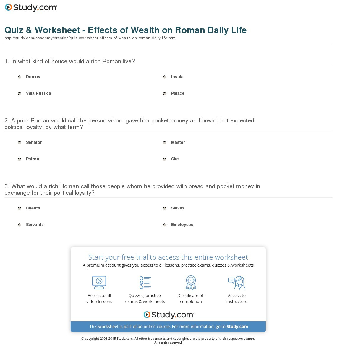 Quiz  Worksheet  Effects Of Wealth On Roman Daily Life
